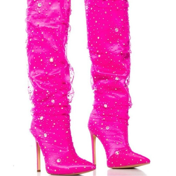 Vibrant Pink Embellished Over the Knee Boots - Picture 3 of 4